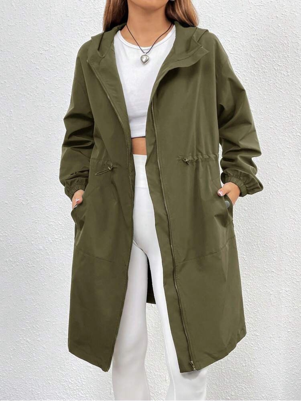 Olive Hooded Longline Jacket - Women